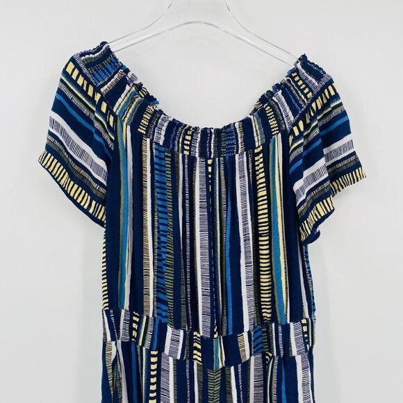 LOFT Lounge Size Medium Blue & Yellow Striped Off The Shoulder Romper w/ Pockets - Picture 2 of 10